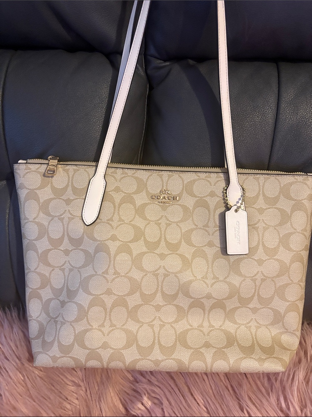 Coach Khaki Signature Canvas Tote with Chalk Leather Trim